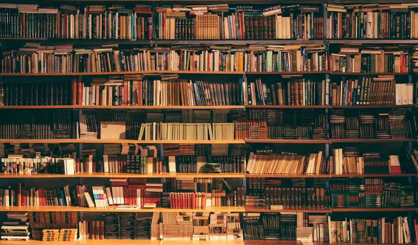 Large wooden bookshelf completely filled with hundreds of colorful books in a library.
