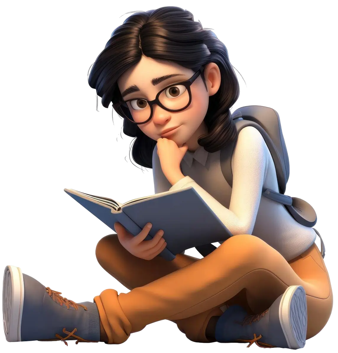 3D cartoon illustration of a young female student with glasses sitting and thoughtfully reading a book.