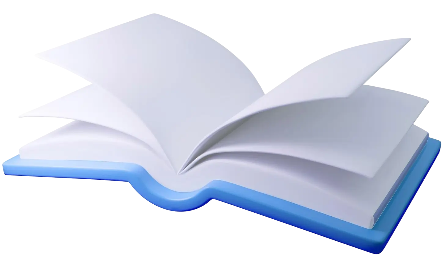 3D illustration of an open blue book with fluttering blank white pages.