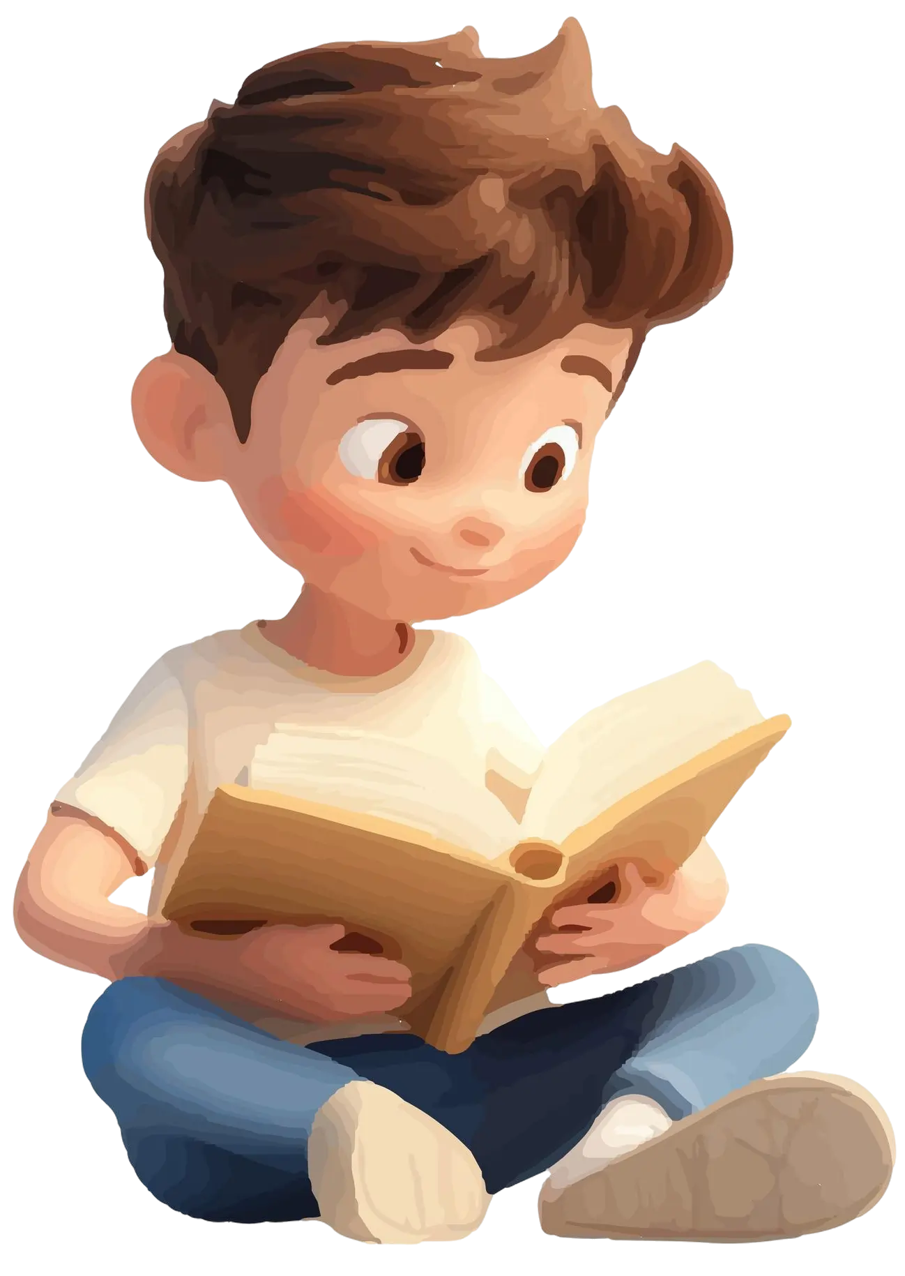 3D cartoon illustration of a cute little boy sitting cross-legged and reading a book.